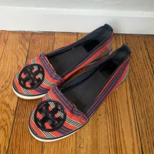 Tory Burch Striped Canvas Slip On Flats Size 5