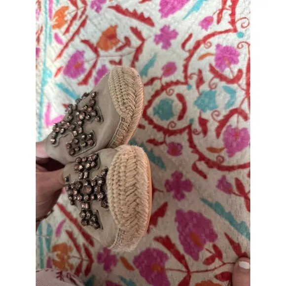 Tory Burch tan embellished suede jewel almond slip ons