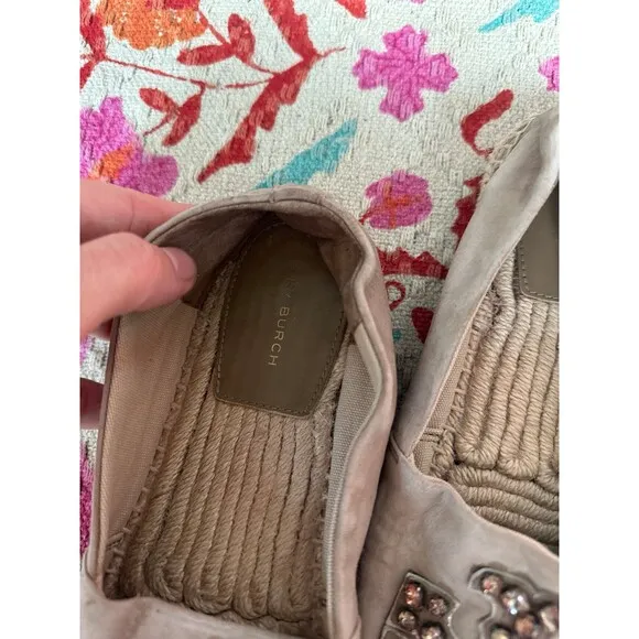 Tory Burch tan embellished suede jewel almond slip ons