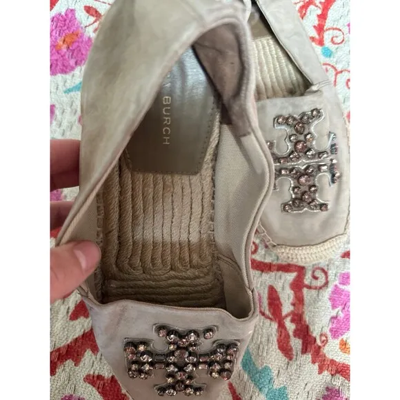 Tory Burch tan embellished suede jewel almond slip ons