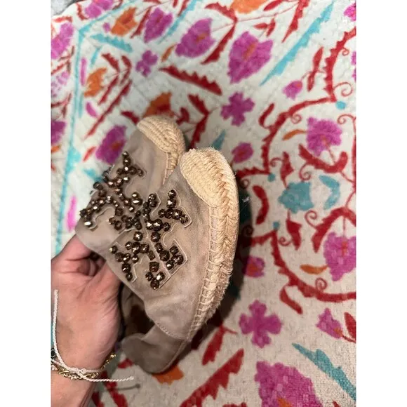 Tory Burch tan embellished suede jewel almond slip ons