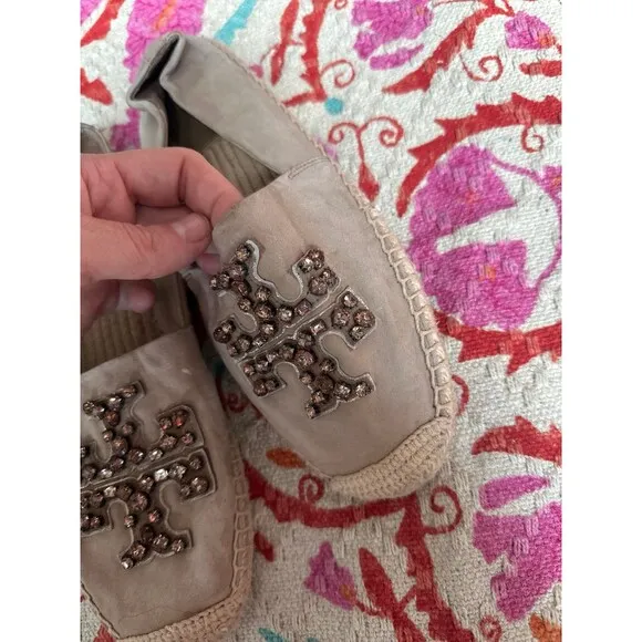 Tory Burch tan embellished suede jewel almond slip ons