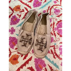 Tory Burch tan embellished suede jewel almond slip ons