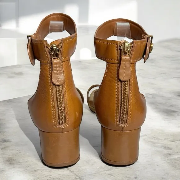 Tory Burch | Tana Ankle Wrap City 2” Heels Leather Block Heel Tan Gold