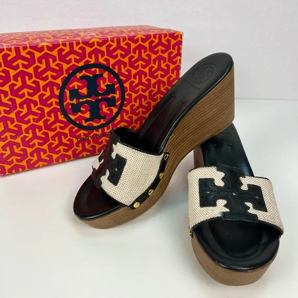 Tory Burch Wedge Sandal Leather Canvas Platform Wood Luxury Vacation Slip On 8.5