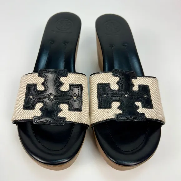 Tory Burch Wedge Sandal Leather Canvas Platform Wood Luxury Vacation Slip On 8.5