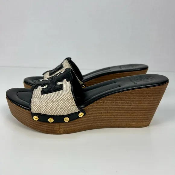 Tory Burch Wedge Sandal Leather Canvas Platform Wood Luxury Vacation Slip On 8.5