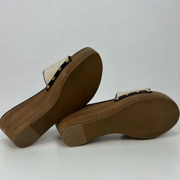 Tory Burch Wedge Sandal Leather Canvas Platform Wood Luxury Vacation Slip On 8.5