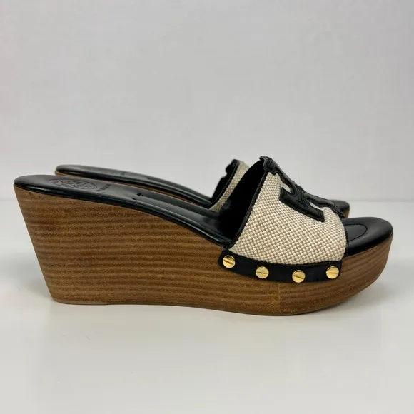 Tory Burch Wedge Sandal Leather Canvas Platform Wood Luxury Vacation Slip On 8.5