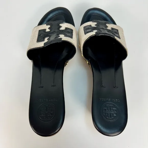 Tory Burch Wedge Sandal Leather Canvas Platform Wood Luxury Vacation Slip On 8.5