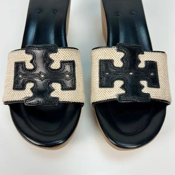 Tory Burch Wedge Sandal Leather Canvas Platform Wood Luxury Vacation Slip On 8.5
