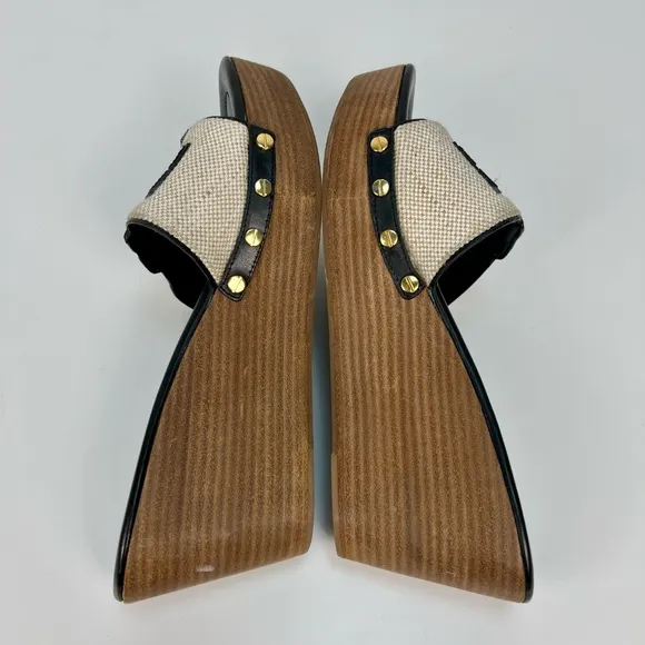 Tory Burch Wedge Sandal Leather Canvas Platform Wood Luxury Vacation Slip On 8.5