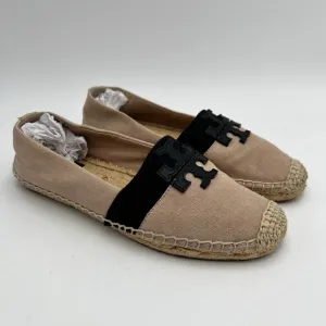 Tory Burch Weston Canvas Flat Espadrille Loafer 7.5 Black LOGO Tan Slip On Shoe