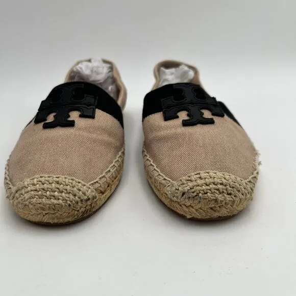Tory Burch Weston Canvas Flat Espadrille Loafer 7.5 Black LOGO Tan Slip On Shoe