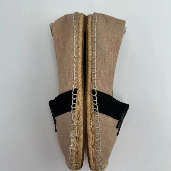 Tory Burch Weston Canvas Flat Espadrille Loafer 7.5 Black LOGO Tan Slip On Shoe