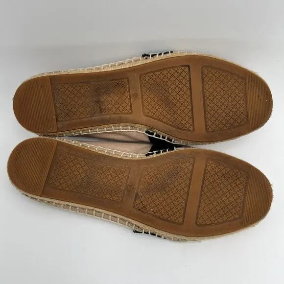 Tory Burch Weston Canvas Flat Espadrille Loafer 7.5 Black LOGO Tan Slip On Shoe