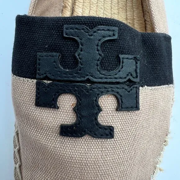 Tory Burch Weston Canvas Flat Espadrille Loafer 7.5 Black LOGO Tan Slip On Shoe