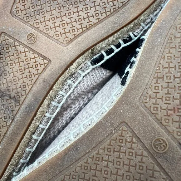 Tory Burch Weston Canvas Flat Espadrille Loafer 7.5 Black LOGO Tan Slip On Shoe