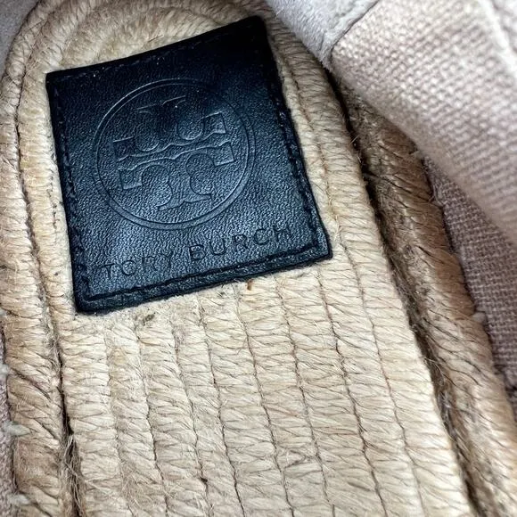 Tory Burch Weston Canvas Flat Espadrille Loafer 7.5 Black LOGO Tan Slip On Shoe