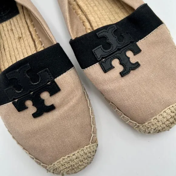 Tory Burch Weston Canvas Flat Espadrille Loafer 7.5 Black LOGO Tan Slip On Shoe