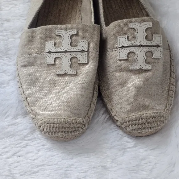 TORY BURCH Weston Flat Espadrille Canvas Slip-On Leather Logo