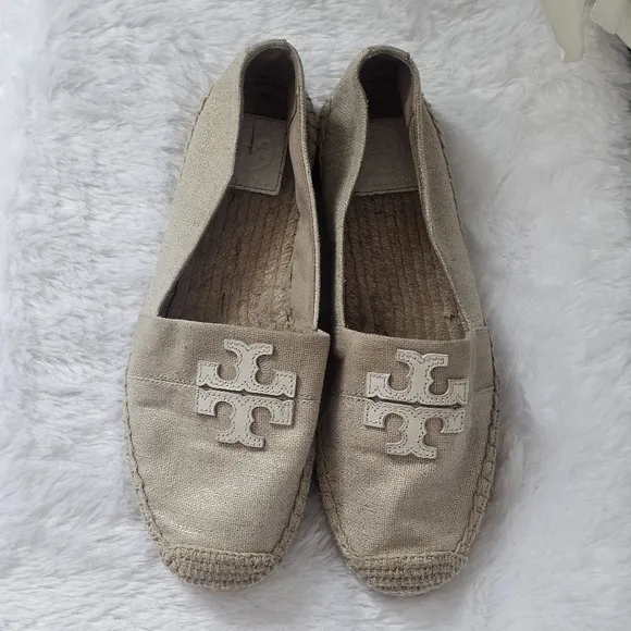 TORY BURCH Weston Flat Espadrille Canvas Slip-On Leather Logo