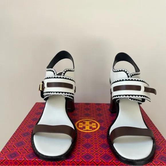 TORY BURCH WHITE LEATHER RALEIGH SANDAL HEELS
