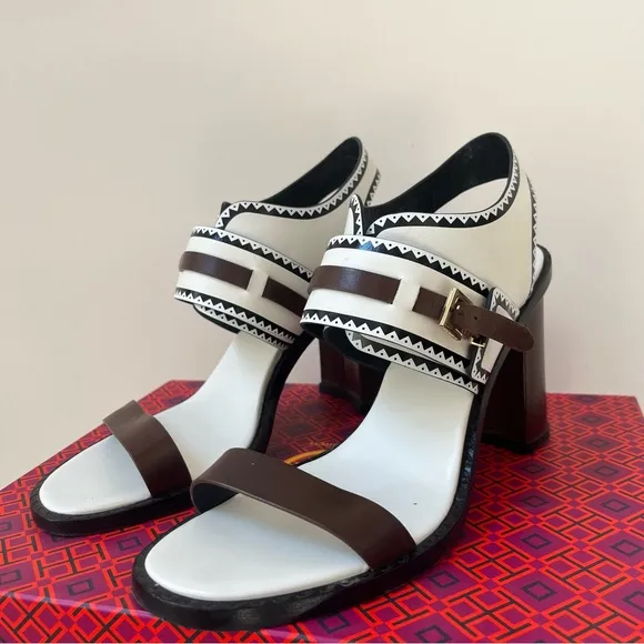 TORY BURCH WHITE LEATHER RALEIGH SANDAL HEELS