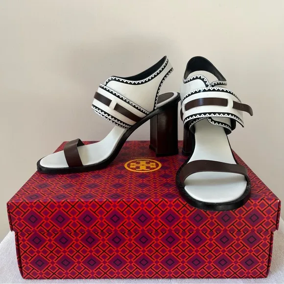 TORY BURCH WHITE LEATHER RALEIGH SANDAL HEELS
