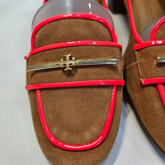 Tory Burch Womens Nora Suede Leather Loafer Heels 7.5 Brown Pink Preppy Dressy