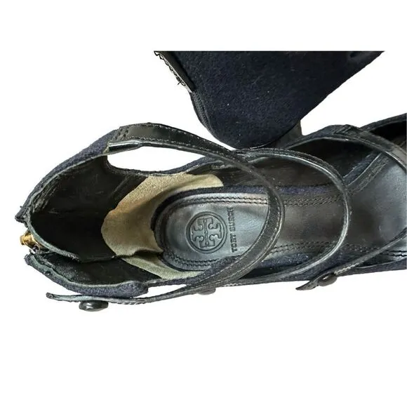 Tory Burch Navy Wool Stappy Block Heels