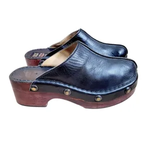 True Vintage 1960s 70s Ocres UK Black Studded Leather Wood Heel Clogs Mules