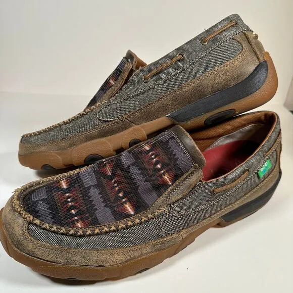 Twisted X Slip On Leather Canvas Driving Eco Moc Aztec Print Men’s 14