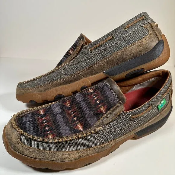 Twisted X Slip On Leather Canvas Driving Eco Moc Aztec Print Men’s 14