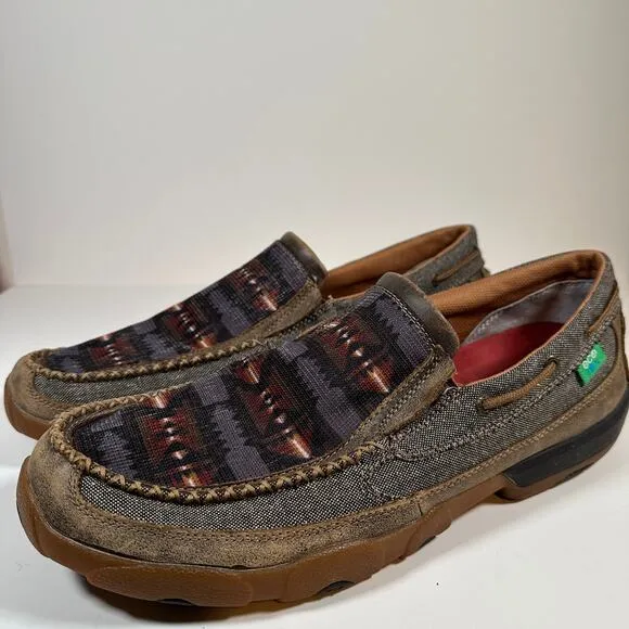 Twisted X Slip On Leather Canvas Driving Eco Moc Aztec Print Men’s 14