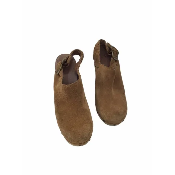 Ugg Aubriana Sky Brown Suede Shearling Nailhead Wooden Heel Clogs Size 8