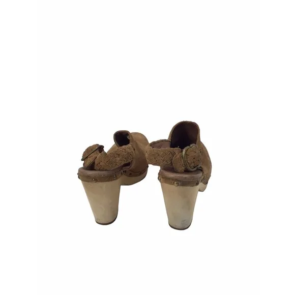 Ugg Aubriana Sky Brown Suede Shearling Nailhead Wooden Heel Clogs Size 8