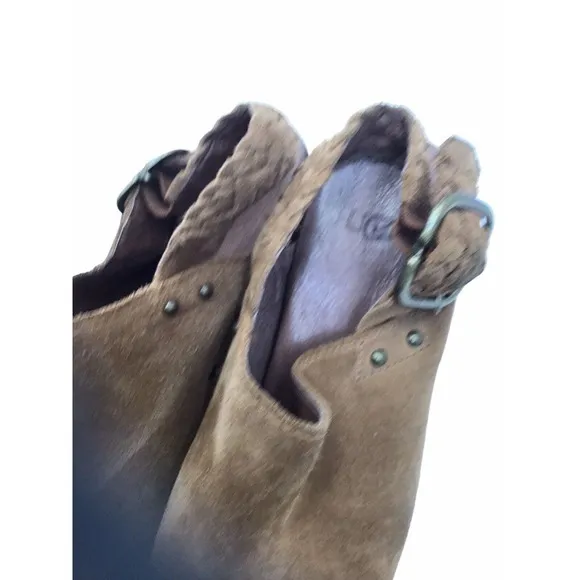 Ugg Aubriana Sky Brown Suede Shearling Nailhead Wooden Heel Clogs Size 8