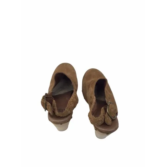 Ugg Aubriana Sky Brown Suede Shearling Nailhead Wooden Heel Clogs Size 8
