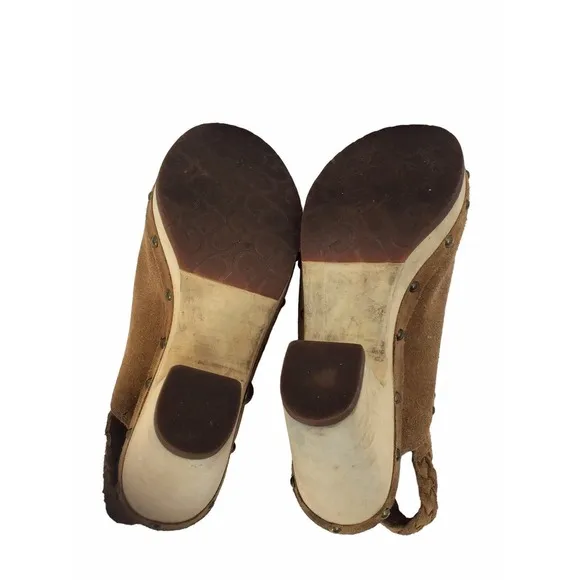 Ugg Aubriana Sky Brown Suede Shearling Nailhead Wooden Heel Clogs Size 8