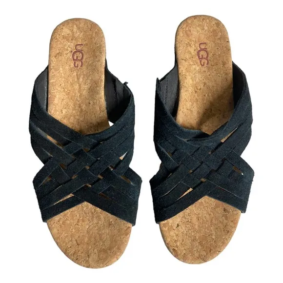 UGG Black Suede Lilah Wedge Sandals Size 8