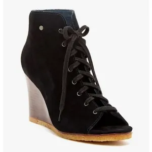 UGG Elyse Open Toe Black Suede Lace Up Ankle Heels​