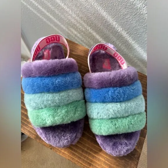 Ugg Fluff Yeah Purple Rainbow Slippers Size 8