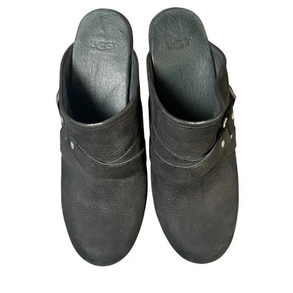 UGG Natalee Genuine Leather Sheep Skin Lined Black Studded Wedge Clogs Size 10