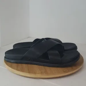 UGG Wainscott Slide Sandal Black Leather Slip On Men US 12 EU 45 NWOB