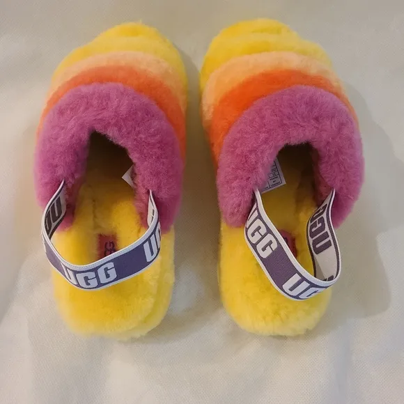 UGG Women's Unisex Fluffy Yeah Slides in Pride Rainbow Yellow