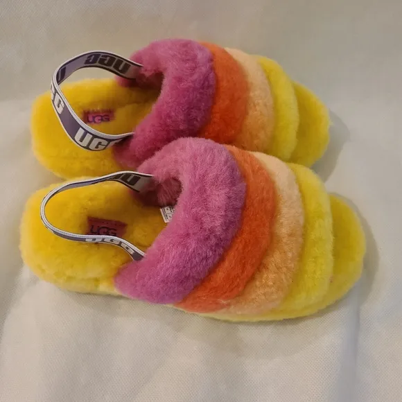 UGG Women's Unisex Fluffy Yeah Slides in Pride Rainbow Yellow