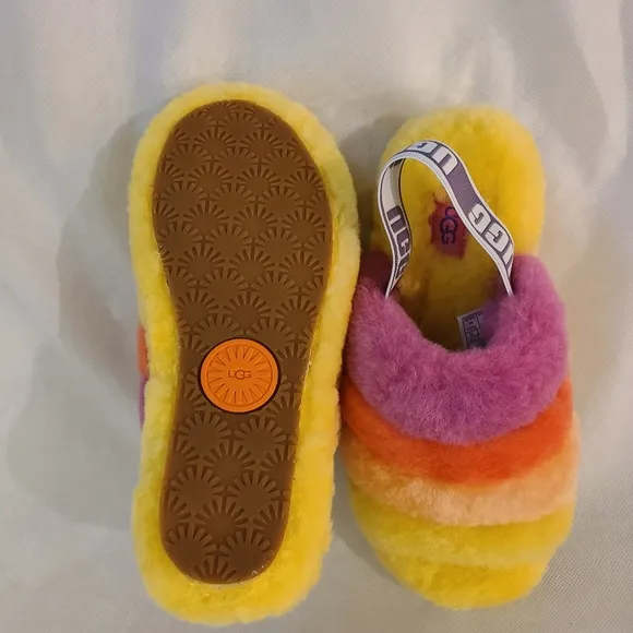 UGG Women's Unisex Fluffy Yeah Slides in Pride Rainbow Yellow