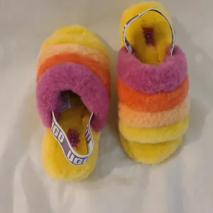 UGG Women's Unisex Fluffy Yeah Slides in Pride Rainbow Yellow