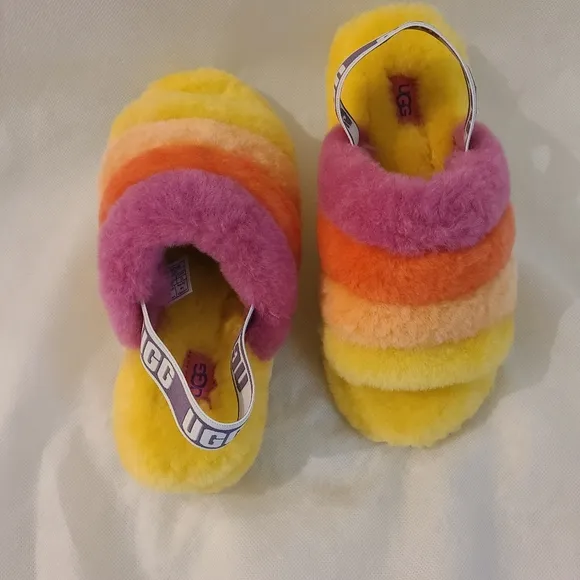 UGG Women's Unisex Fluffy Yeah Slides in Pride Rainbow Yellow